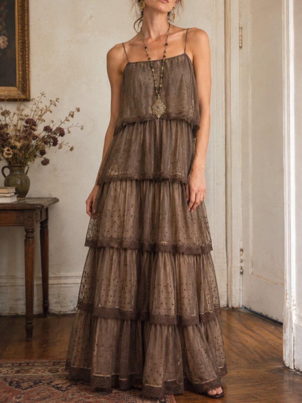 Vintage Cinandre 1970s Brown Sheer Chiffon Nightgown / Maxi Dress/Size M